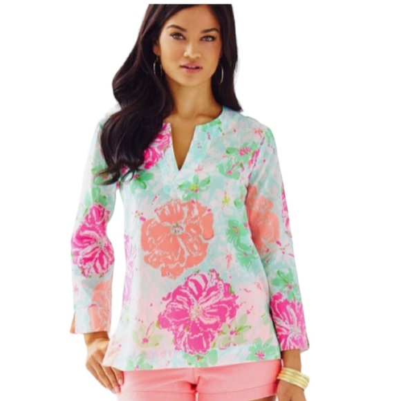 Lilly Pulitzer Tops - Lilly Pulitzer Amelia Island Tunic Floral Pink and Green Women’s Size Small
